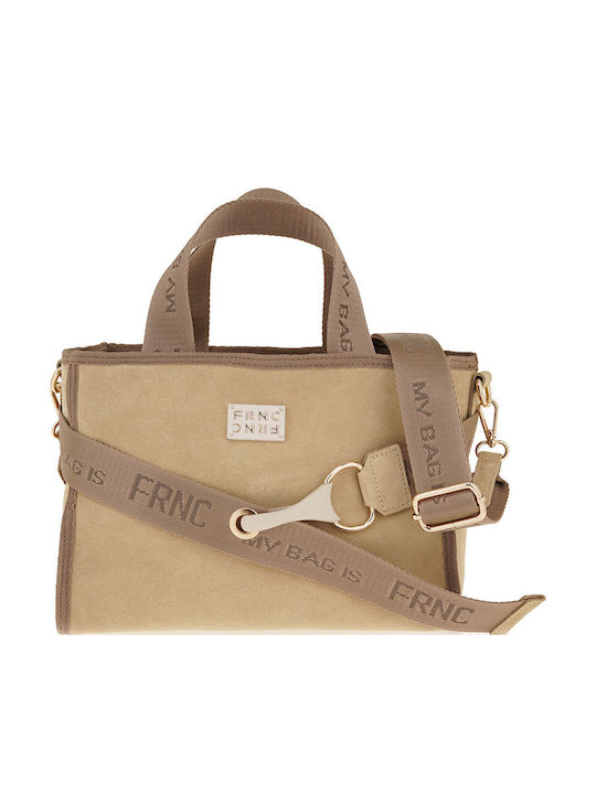 FRNC Δερμάτινη Γυναικεία Τσάντα Χειρός Μπεζ