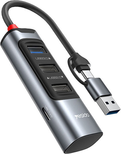 Stație de Andocare 4 în 1 Usb Type-c la 3x Usb 2.0 1x Usb 3.0 5gbps Aliaj de Aluminiu Yesido Gri