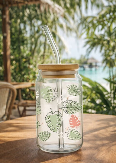 Стъклена Чаша за Вода със Сламка 500ml