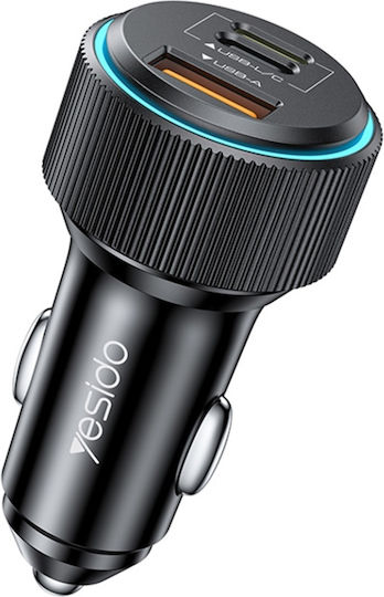 Yesido Încărcător Auto Cu Mufă De Brichetă 38W Încărcare Rapidă Cu Porturi 1xUSB-A 2xUSB-C Culoare Neagră