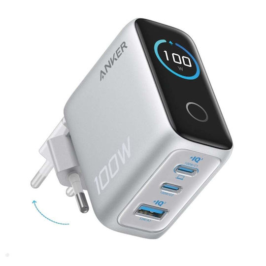 Anker Încărcător GaN cu Port USB-A și 2 Porturi USB-C și Cablu USB-C - USB-C 100W Power Delivery Argintiu (B121B)