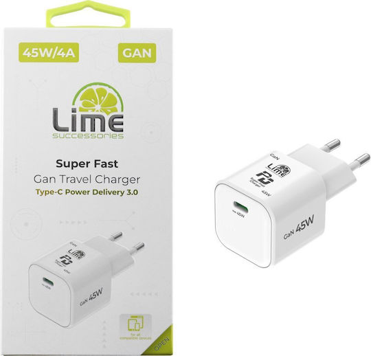 Lime Φορτιστής Χωρίς Καλώδιο GaN με Θύρα USB-C 45W Power Delivery / Quick Charge 3.0 Λευκός (Super Fast)