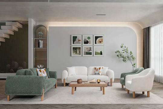 Living Room Furniture Set 3+3+1+1 in Green and Ivory with Wooden Legs 230x100x85cm