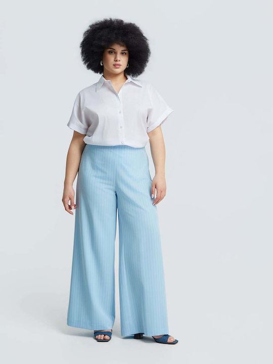 Women's Pantaloons with Rubber Band in Loose Fit Striped Light Blue