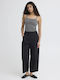Women's High Rise Fabric Capri Trousers with Rubber Band Black