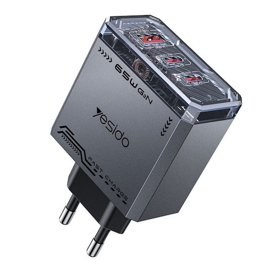 Yesido Încărcător cu Cablu Integrat GaN cu Port USB-A și 2 Porturi USB-C 65W Negru