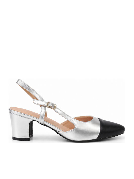 Heels with Strap & Chunky Mid Heel Silver