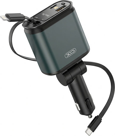 XO Car Charger 45W Fast Charging with Ports 1xUSB 1xType-C with Embedded Lightning Cable Green Colour