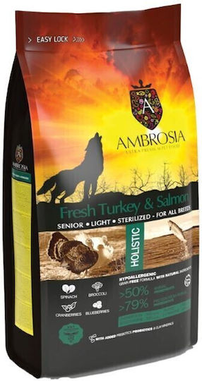 Ambrosia 12kg Dry Dog Food Light Grain-Free for Elderly Neutered Dogs with Turkey and Salmon