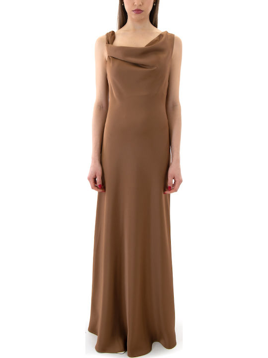 Summer Maxi Evening Dress Satin Drape Brown
