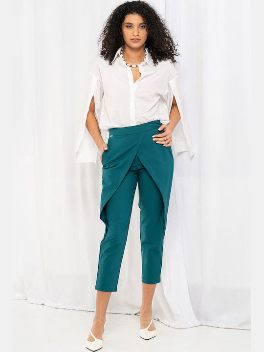 Pantaloni Dama Din Țesătură Cu Linie Tapered Cu Dungi Turcoaz