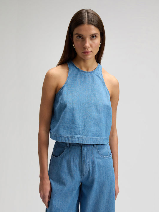Damen Crop Top Baumwolliges Ärmelloses Blau