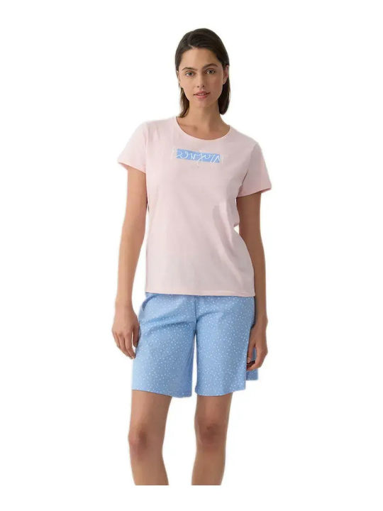 Minerva Summer Women's Cotton Pyjama Set Pink Powder Dots