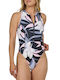 One Piece Swimsuit With Zipper Floral Black