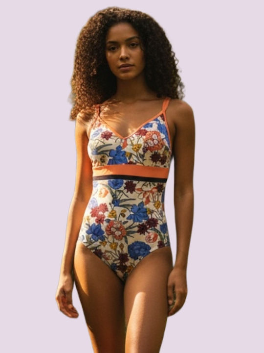 Women's One Piece Swimsuit Orange Floral Colours & Flower Pattern D Cup S71117 Garden