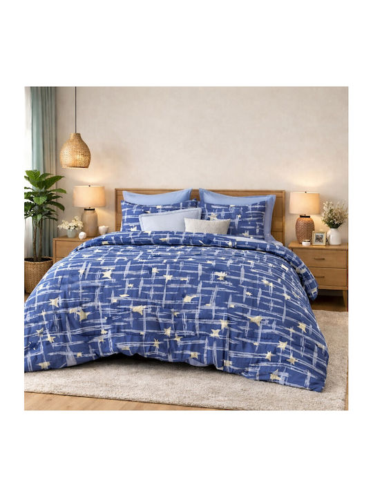 Pucioasa Set Huse Pentru Pilote 200x220cm Dublu Cu 4 Fețe De Pernă Și 1 Cearceaf Albastru