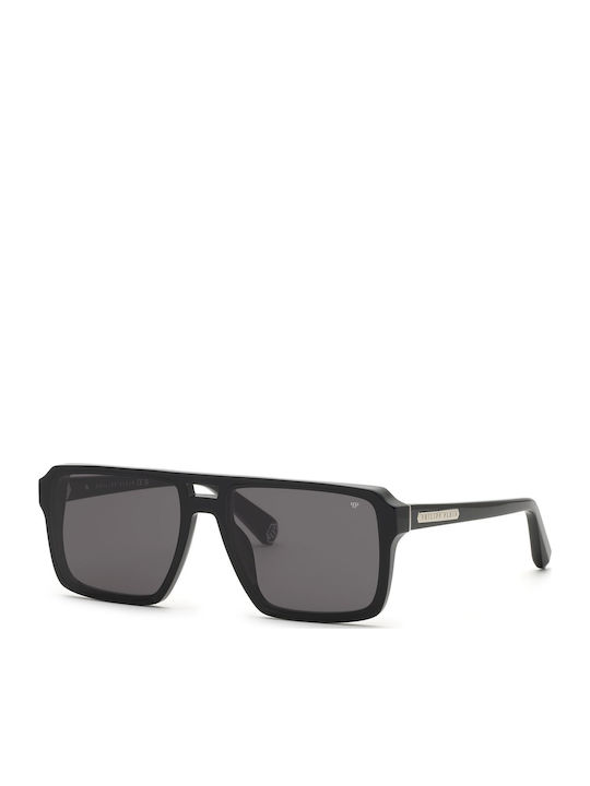 Philipp Plein Unisex Sunglasses with Black Horn-Rimmed Frame and Black Lens
