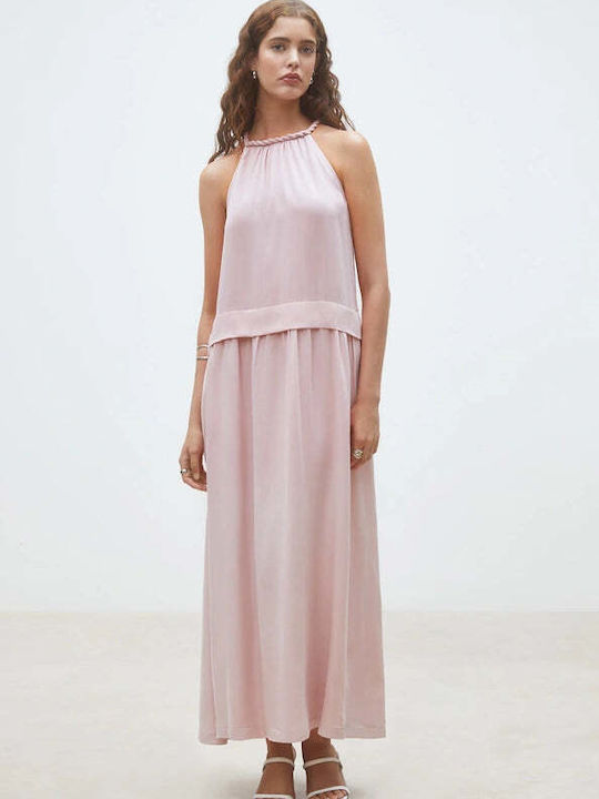 Sommer Maxi Satin Rosa Kleid
