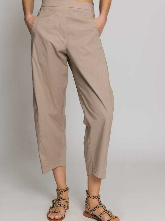 Moutaki Women's High Rise Fabric Trousers with Rubber Band Beige