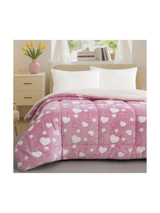 Kids Sherpa Comforter Fluorescent Single Pink Hearts 160x220cm