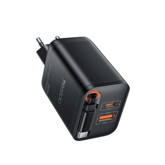 Yesido Charger with Built-in Cable with USB-A Port and USB-C Port 40W Black (YC99)