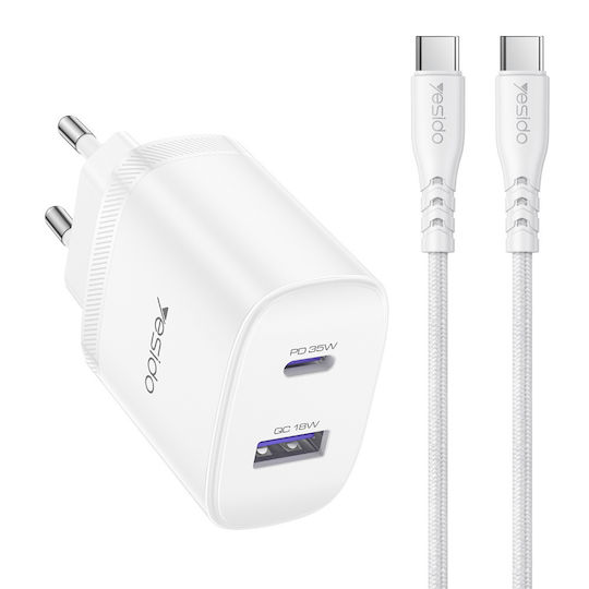 Yesido Yesido Φορteur Mit USB-A Und USB-C Ausgangsanschlüsse Und USB-C Kabel 35W Stromlieferung Weiß