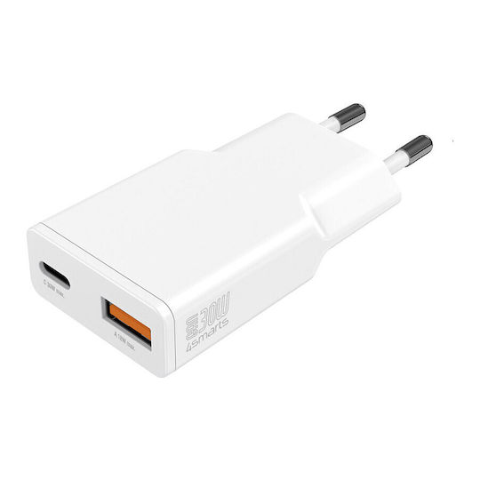4Smarts Φορτιστής Χωρίς Καλώδιο GaN με Θύρα USB-A και Θύρα USB-C 30W Power Delivery Λευκός (Slim Duos)