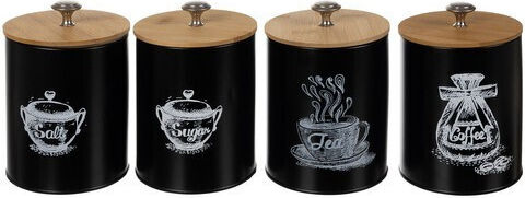 Set of 4 Coffee Sugar Pasta Cereal Jars with Metallic Black Lid 11x11x17cm 4 Pieces
