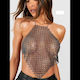 Top Circle Strass V Long Open Back Black Silver