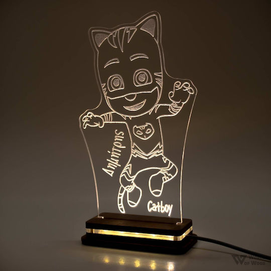 World of Wood LED Детска Декоративна Лампа Пиτζαμοήρωες - Catboy Бял 22x13cm