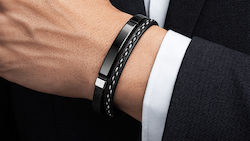Men's Double Leather Bracelet Black Steel Plate