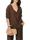 Women's Summer Linen Blouse with V Neckline Chocolate