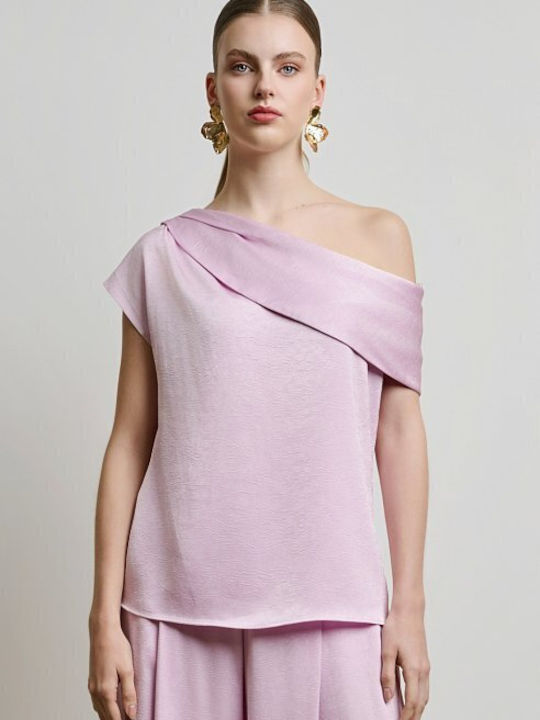 Women's Satin Off-Shoulder One Shoulder Pink Blouse