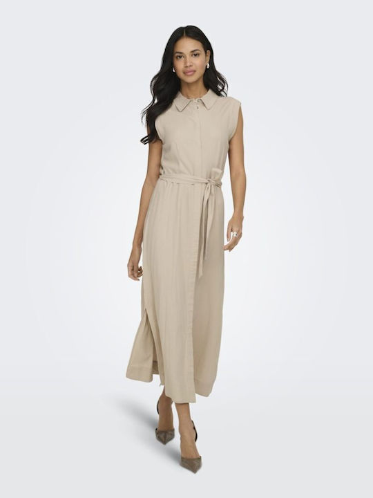 Καλοκαιρινό Midi Σεμιζιέ Φόρεμα Αμάνικο Oxford Tan