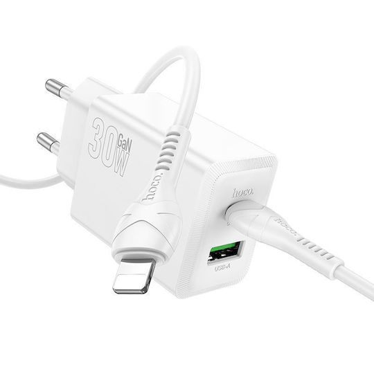 Hoco GaN Charger with USB-A Port and USB-C Port and USB-C - Lightning Cable 30W Power Delivery White (N71 Nuevo)