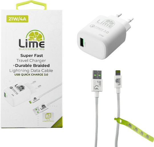 Lime Braided USB-A to Lightning Cable 21W Λευκό 1m LTU22