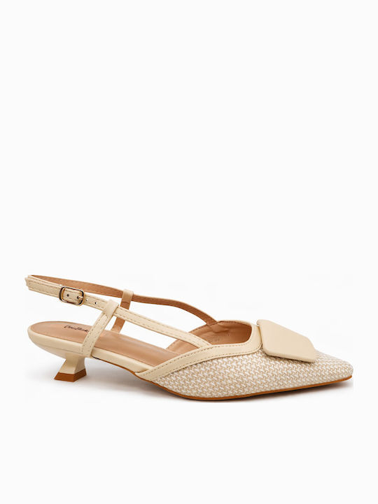 Vera Blum Pointed Toe Heels with Strap & Thin Low Heel Beige