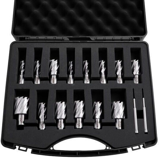 Set 16 Bituri cu Coada Weldon Magnetică Adâncime De Tăiere 25.4 Mm Diametru De Tăiere 11.11 Mm-34.92 Mm Oțel De Mare Viteză 14 Burghie 2 Știfturi Pilot Carcasă Din Plastic