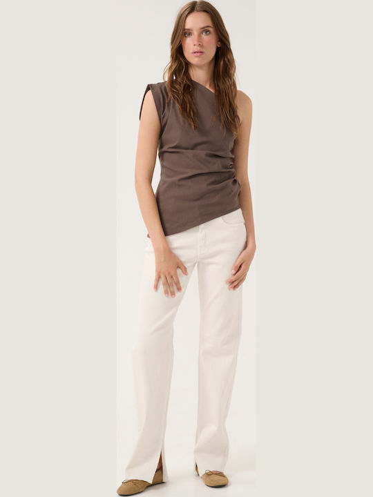 High Rise Women's Jean Pants in Straight Leg Style Ecru