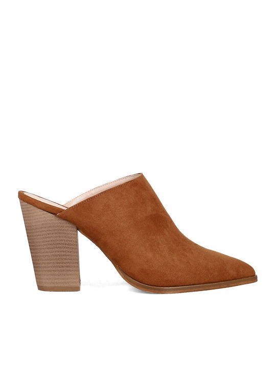 Suede Mules with Chunky High Heel in Brown Colour