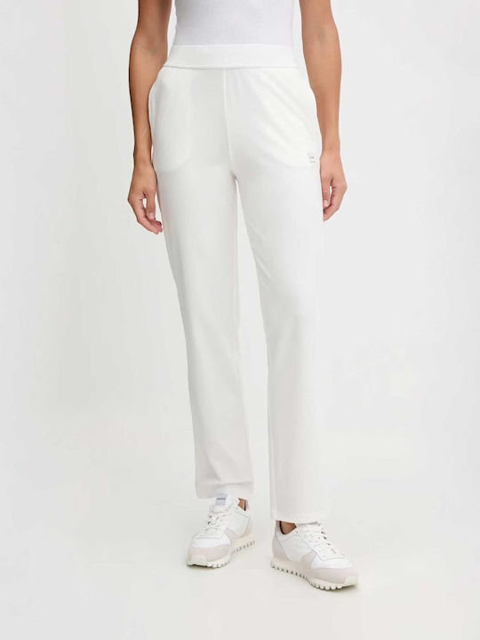 Women's High Rise Fabric Trousers with Rubber Band in Straight Leg Natural