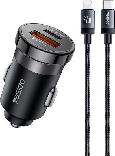 Yesido Y73 Handy-Autoladegerät 30W 3A Schnellladen mit Anschlüssen 1xUSB 1xType-C zusammen mit Lightning Kabel Schwarz