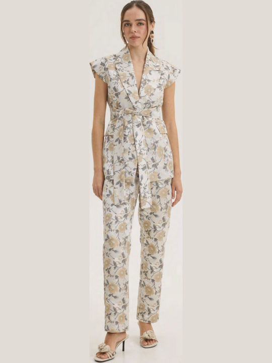 Women's Fabric Trousers in Regular Fit Floral Ecru