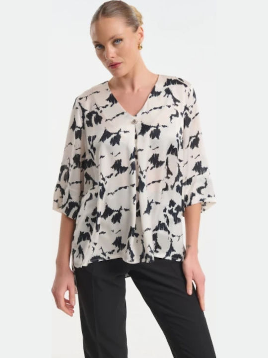 Fibes Women's Satin Blouse with 3/4 Sleeve & V-...