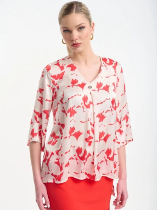 Women's Satin Blouse with 3/4 Sleeve & V-Neckline Coral