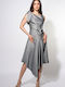 Elania Sommer Midi Abendkleid Satin Drapierung Grau