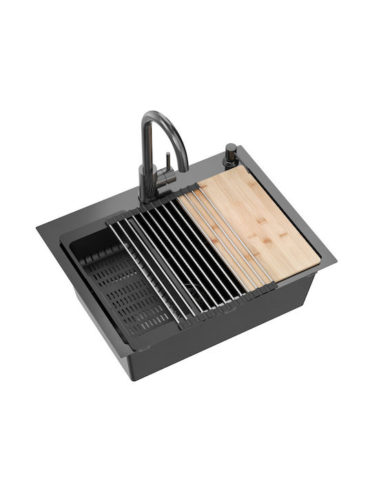 MYQ Drop-In Küchenspüle Inox mit Wasserhahn M45xP58cm Schwarze
