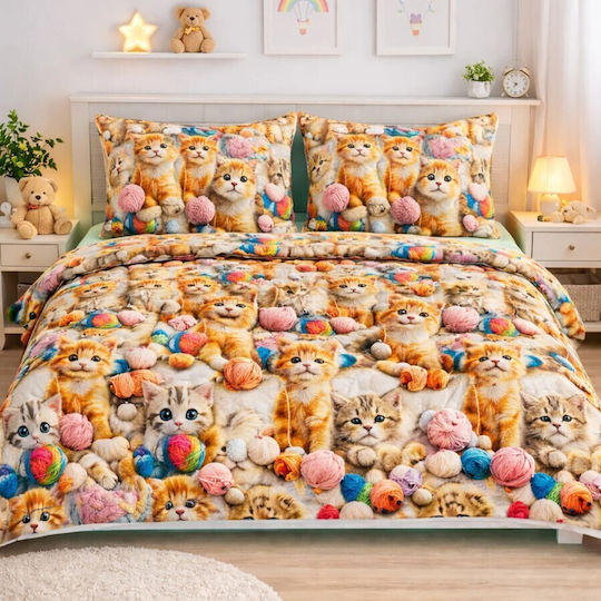 Pucioasa Cotton Satin Duvet Cover Set 200x230cm Double With 2 Pillowcases & 1 Bed Sheet Playful Kittens