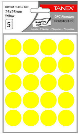 Tanex 100pcs Adhesive Labels Round Yellow Colour 25mm