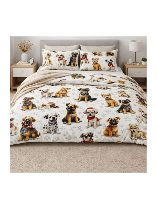 Pucioasa Set Huse Pentru Pilote Din Bumbac 200x230cm Dublu Cu 2 Fețe De Pernă & 1 Cearceaf Puppies